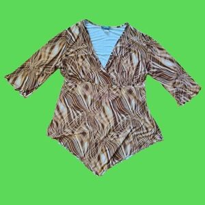 Y2K Vintage Brown Swirl Pattern Stretchy Top Boho Fairy Size 2X V-Hem Grunge
